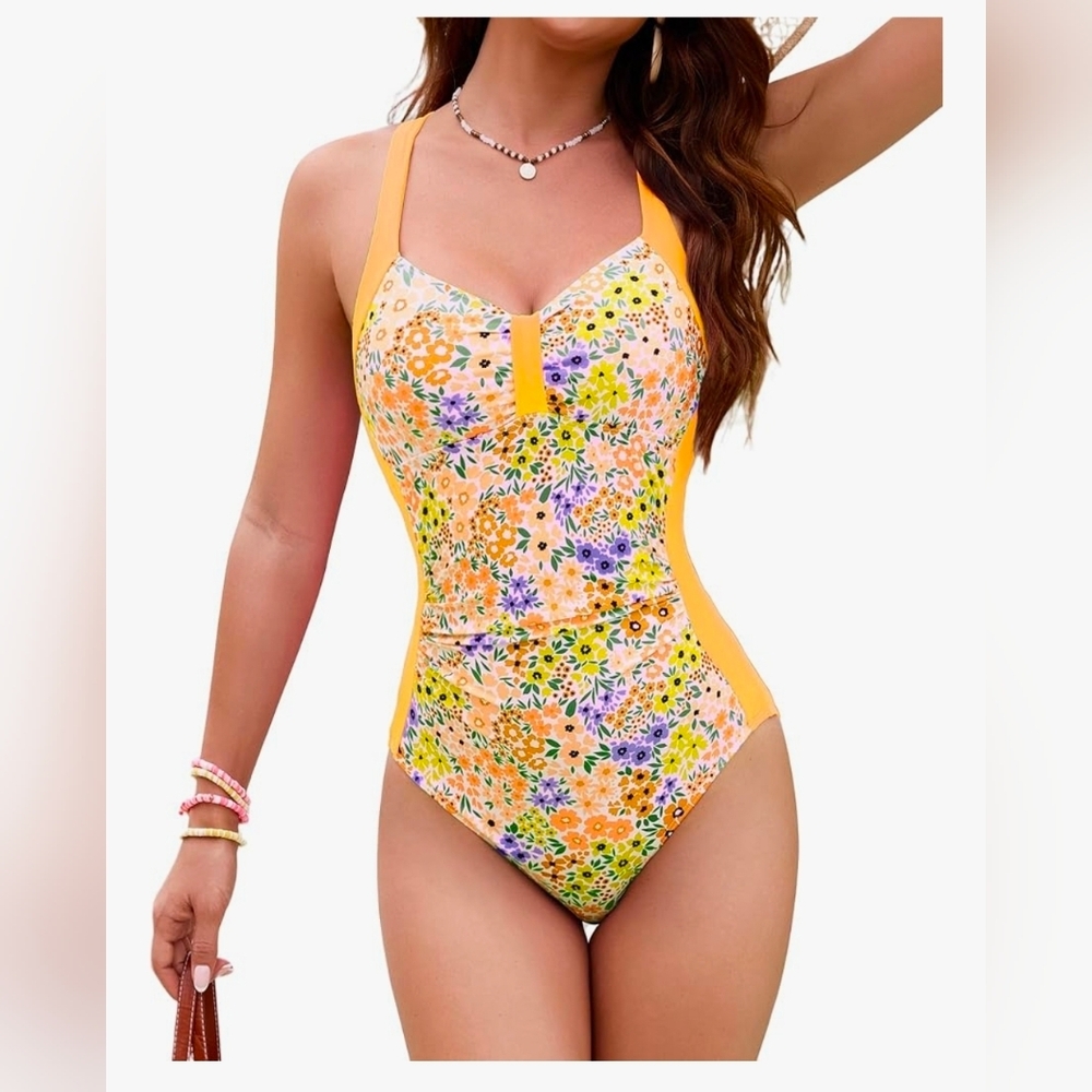 Floral One-Piece Tummy Control Swimsuit with Orange Accents